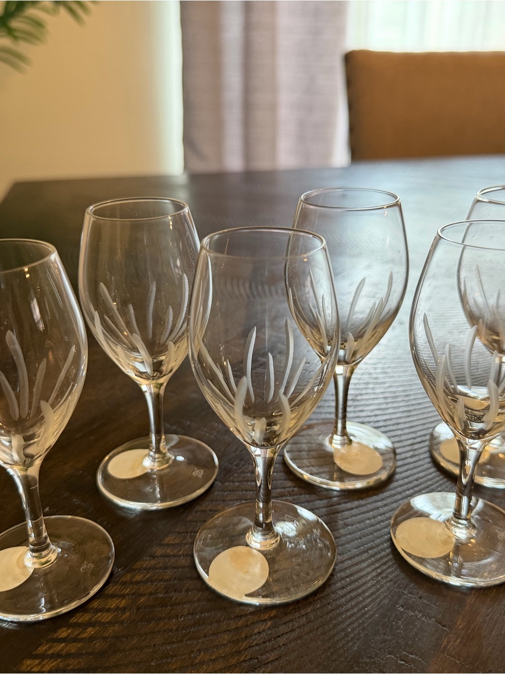 Princess House Etched Clear Wine Glasses with Leaf Motif